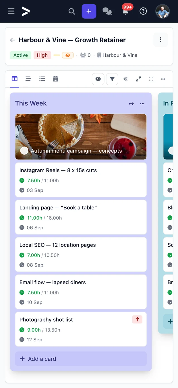 A project board in the Landing Platform app