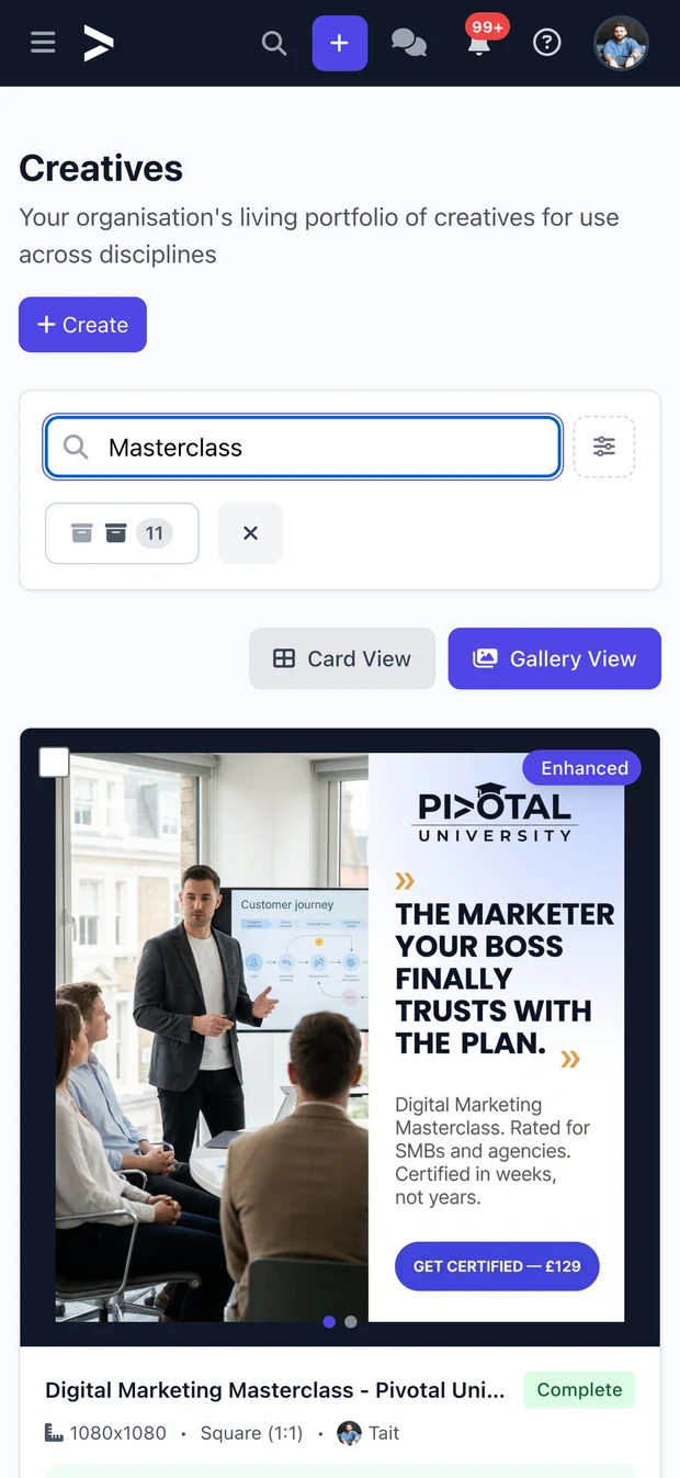 Creatives gallery in the Landing Platform app